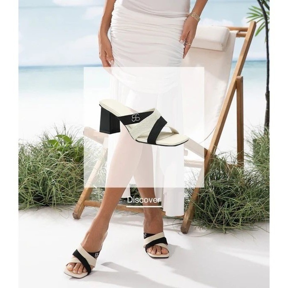 COSY ISLAND Women's Cream Black Cross Strap Block‎ Heel Mules Sandals Size 9